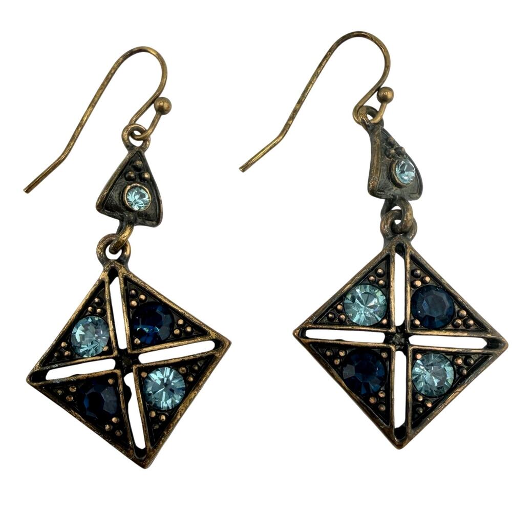 Lia Sophia Aztec Blue Rhinestone Antique Gold Tone Dangle 1.75" Earrings